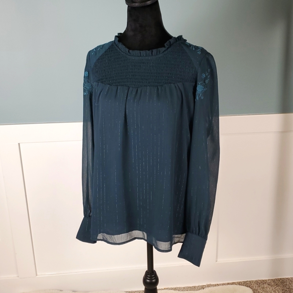 Mason & Belle Forest Green Long Sleeve Lined Ruffle Top Medium Sheer Sleeves NWT